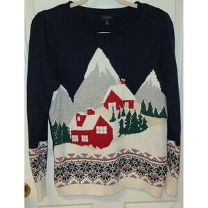 Talbots Women Sz S Blue Ski Chalet Scene Crewneck Sweater